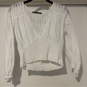 Zara White Embroidered Linen Cropped Blouse
